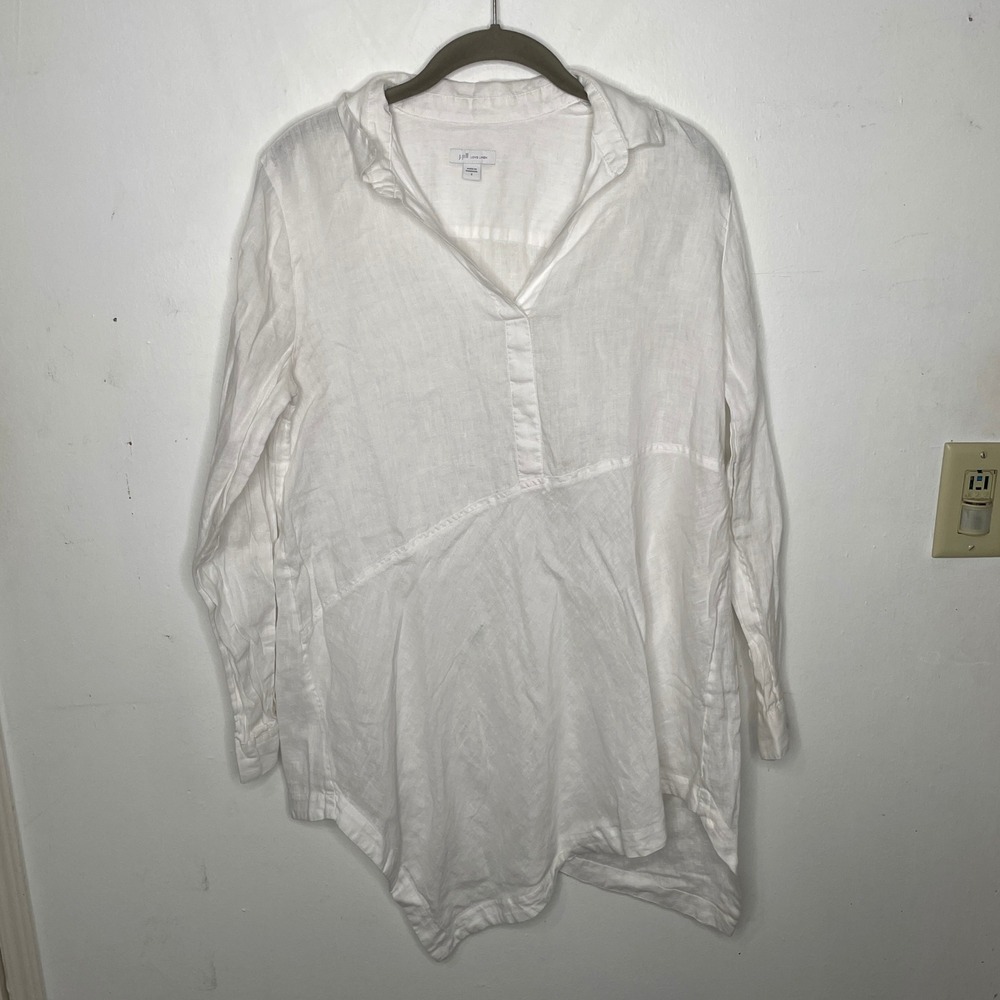 J. Jill Love Linen White Asymmetrical Sharkbite Hem Tunic Top Small Long Sleeve